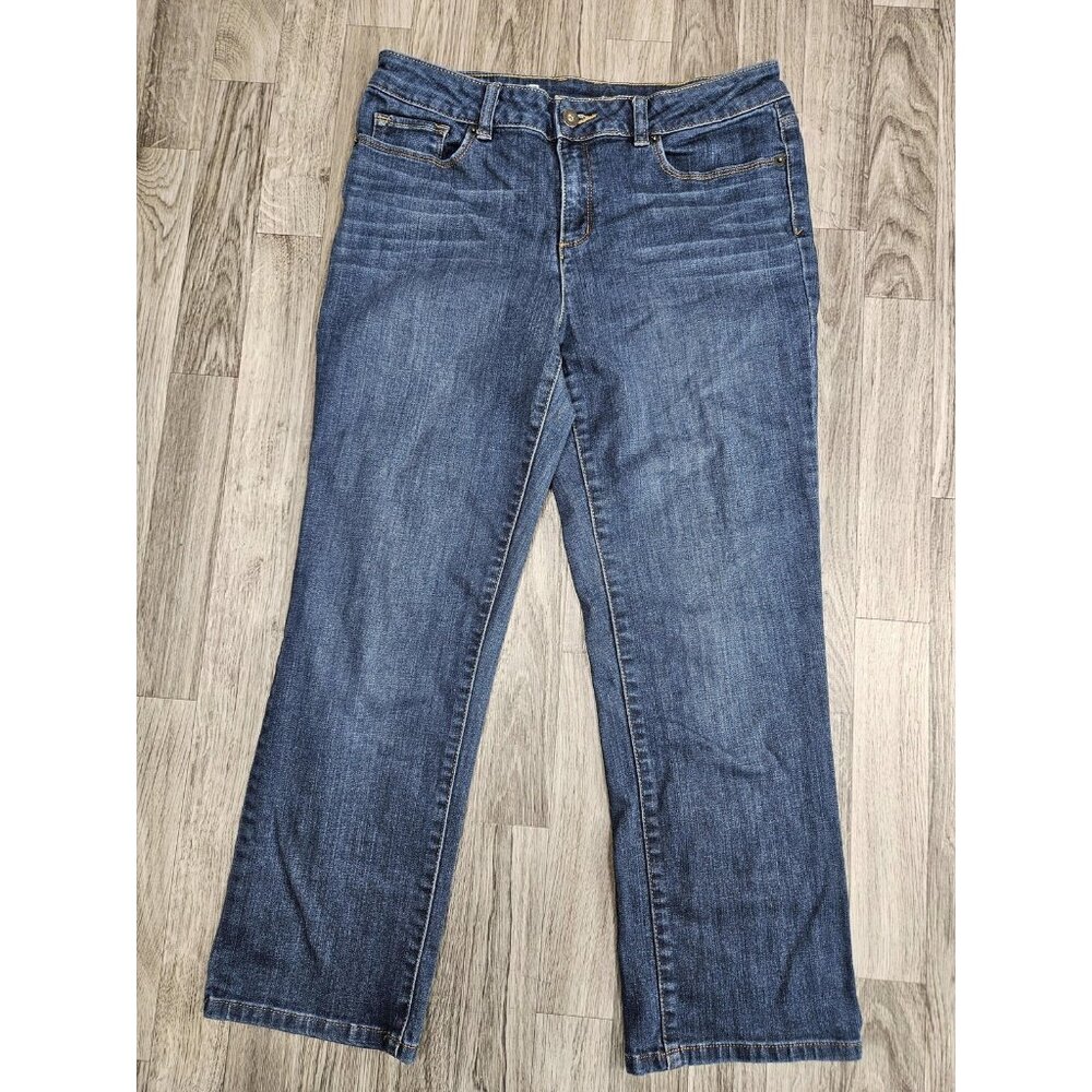(3/$35) Liz Claiborne Jeans Womens 8 Blue Stretch Crop Denim Floral‎ Embroidered